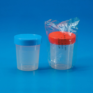Sample container, PP,red cap, ster., Ø62.5mm,150ml