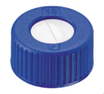 Screw cap, LLG, N 9 short thread, blue PP w. hole, silicone/PTFE 55 A, slit