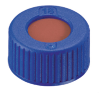 Screw cap, LLG, N 9 short thread, blue PP w. hole, rubber/PTFE 45 A, UltraBond