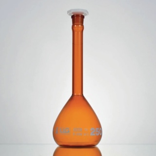 Volumetric flask, LLG, amber, cl. A, NS14, PE stopper, 200 mL, 2 pcs