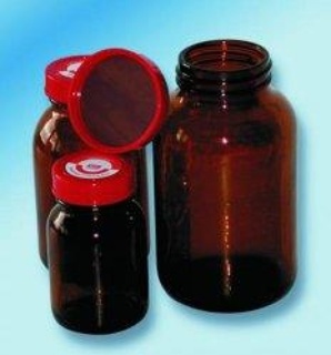 Bottles, wide neck, amber gla ss, behrotest, with