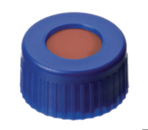 Screw cap, LLG, N 9 short thread, blue PP w. hole, rubber/PTFE 60 A