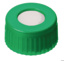 Screw cap, LLG, N 9 short thread, green PP w. hole, silicone/PTFE 55 A