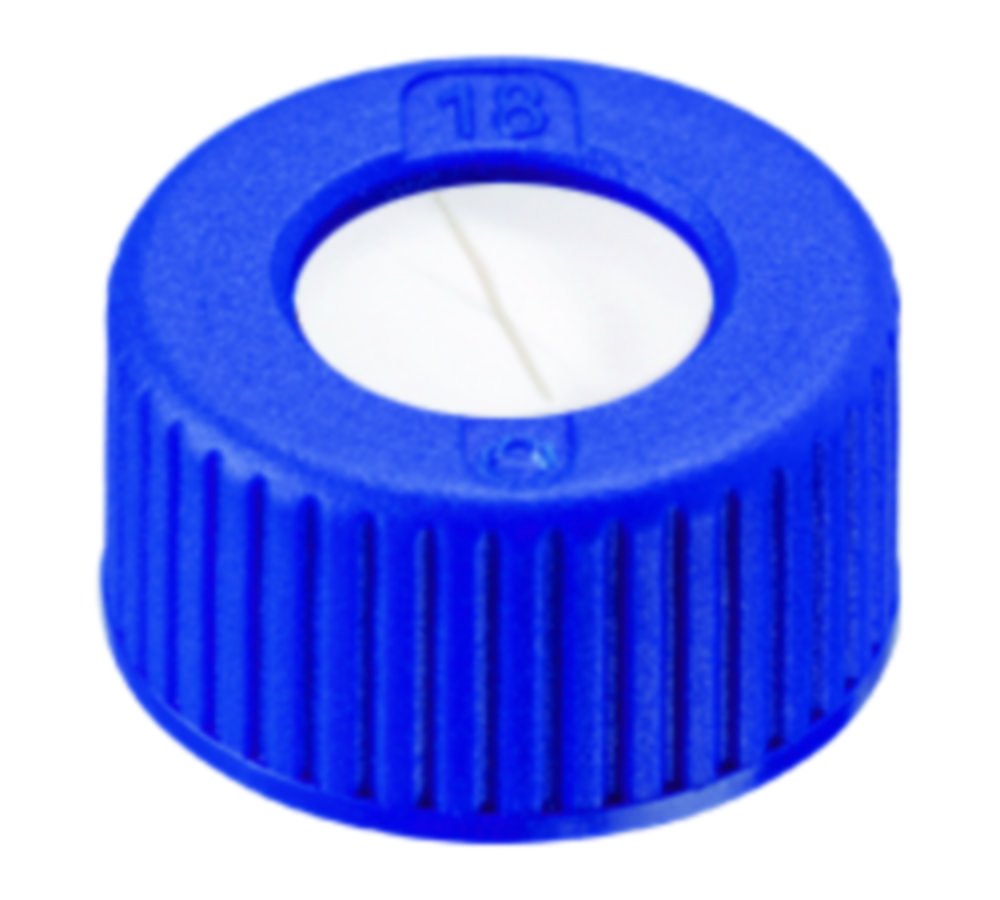 Screw cap, LLG, N 9 short thread, blue PP w. hole, silicone/PTFE 55 A, slit