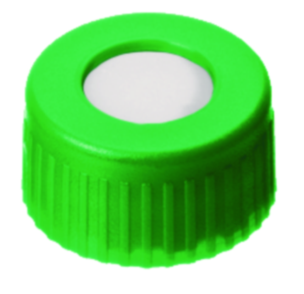 [4008224] Screw cap, LLG, N 9 short thread, green PP w. hole, silicone/PTFE 55 A