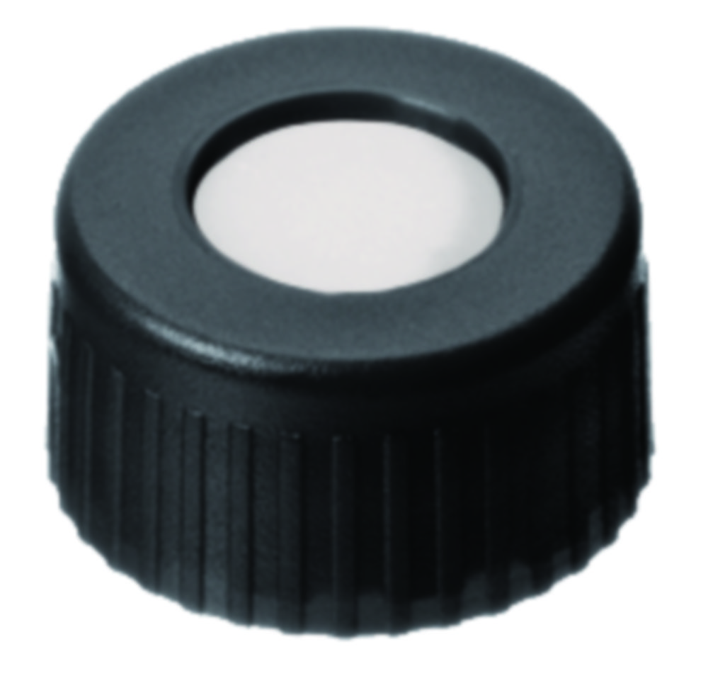 Screw cap, LLG, N 9 short thread, black PP w. hole, silicone/PTFE 55 A