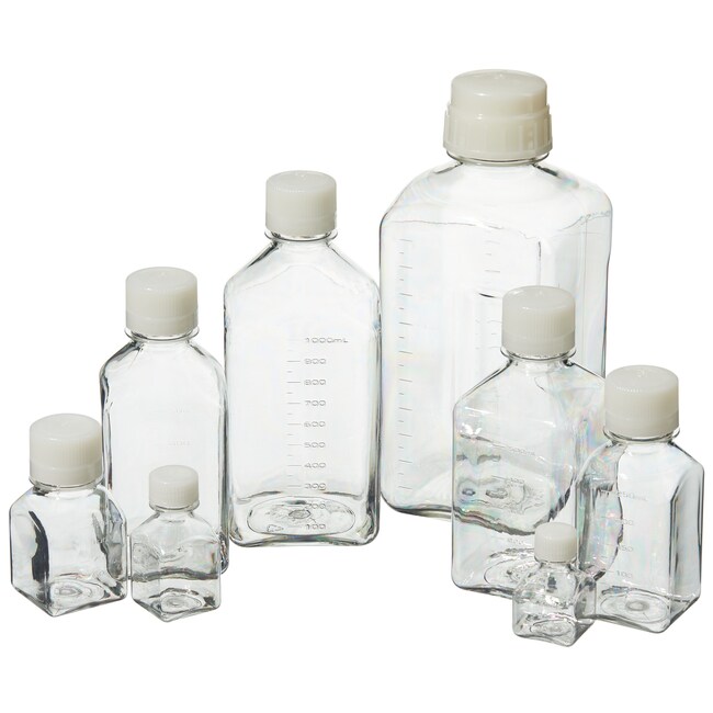 Media bottle with lid, Nalgene, PETG/HDPE, square, sterile, 250 mL, 60 pcs