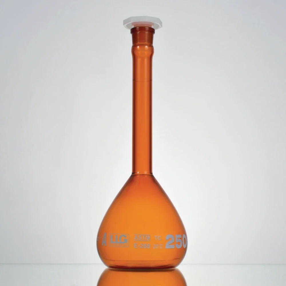 Volumetric flask, LLG, amber, cl. A, NS14, PE stopper, 200 mL, 2 pcs
