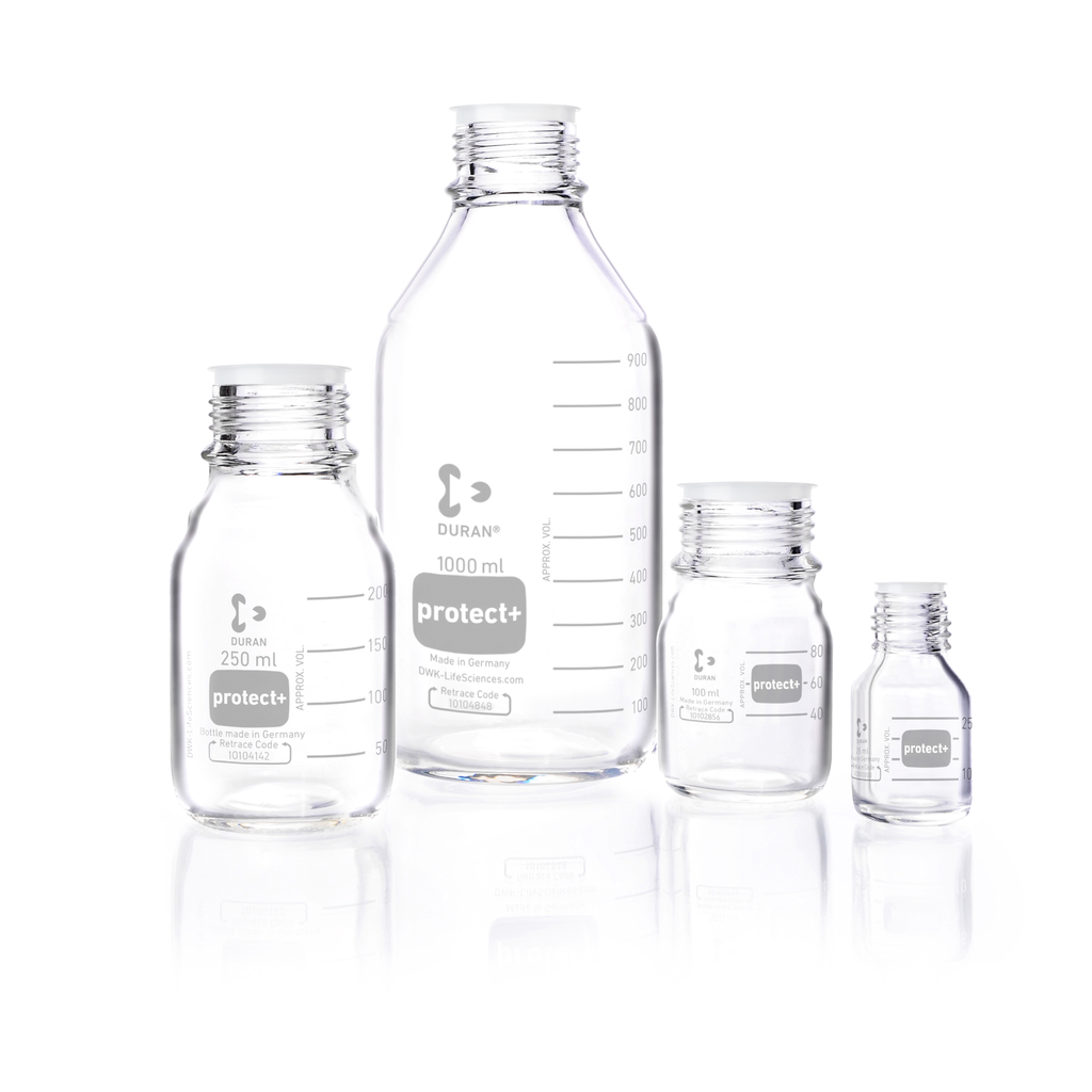 DURAN® laboratory glass bottle GL 45, clear, protect+ plastic-coated, with dust cap, 5000 ml