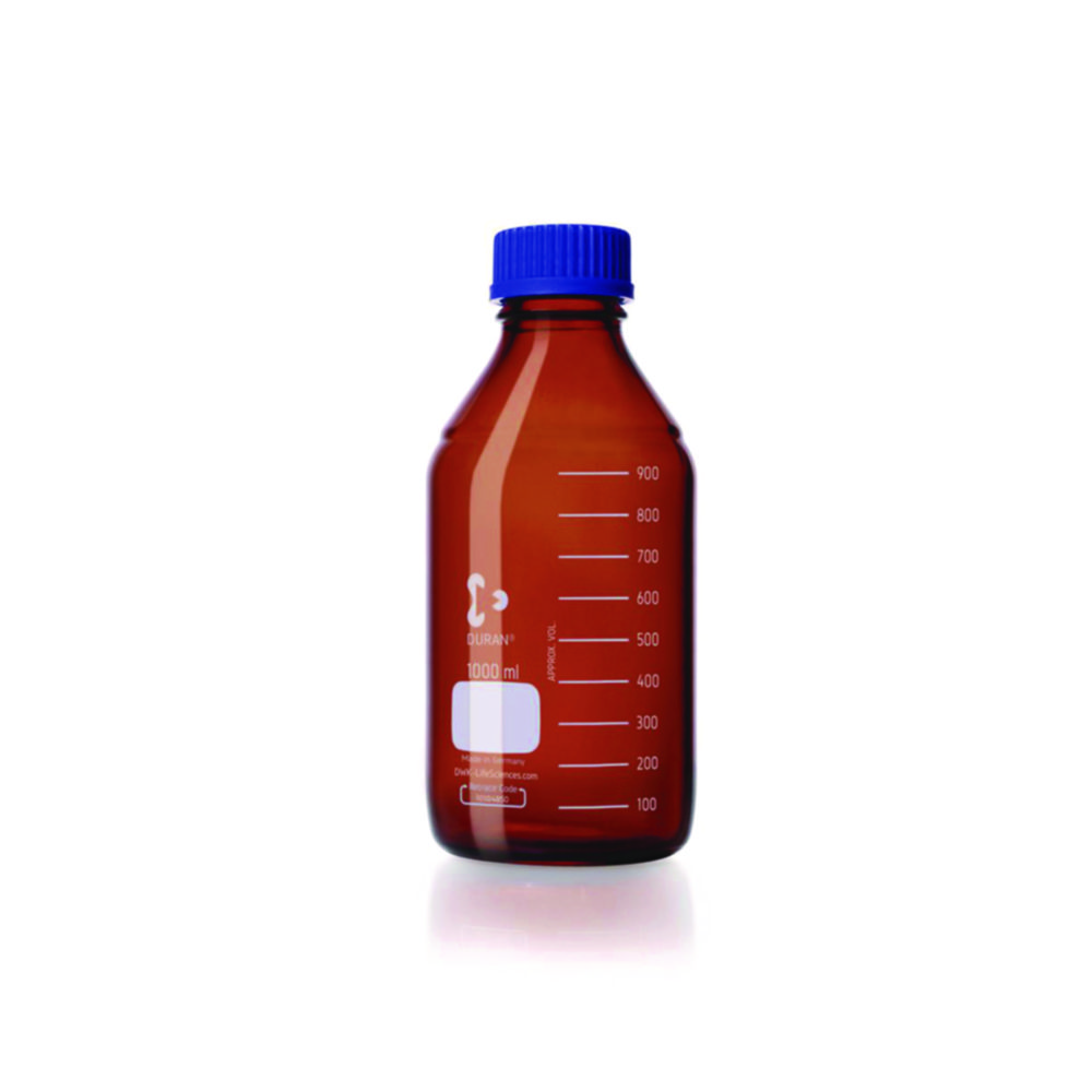 Laboratory bottle, Duran,  2000 ml, amber glass, GL45, with screw cap and pouring ring