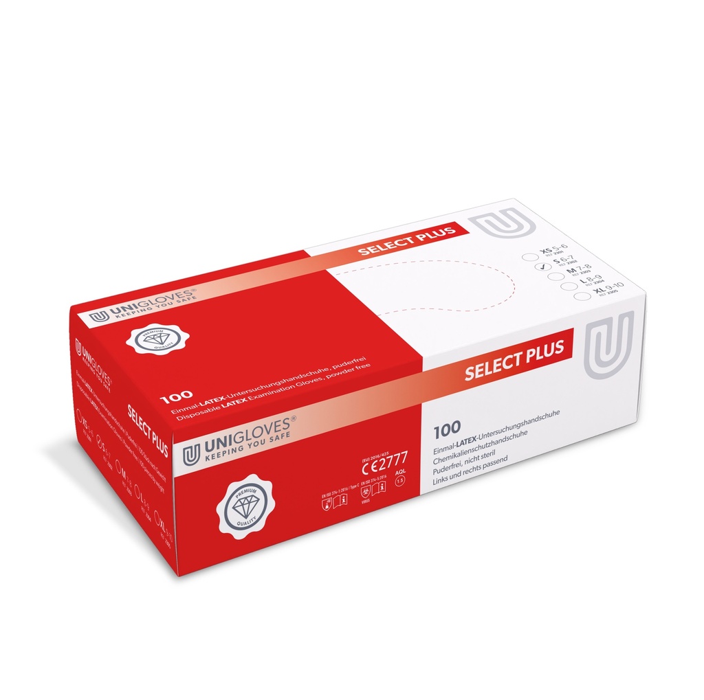 [0871900] Latex gloves, Unigloves SELECT PLUS, size S (6-7)