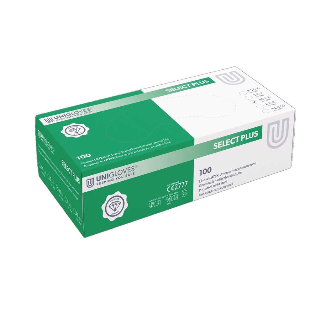 [0871902] Latex gloves, Unigloves SELECT PLUS, size M (7-8)