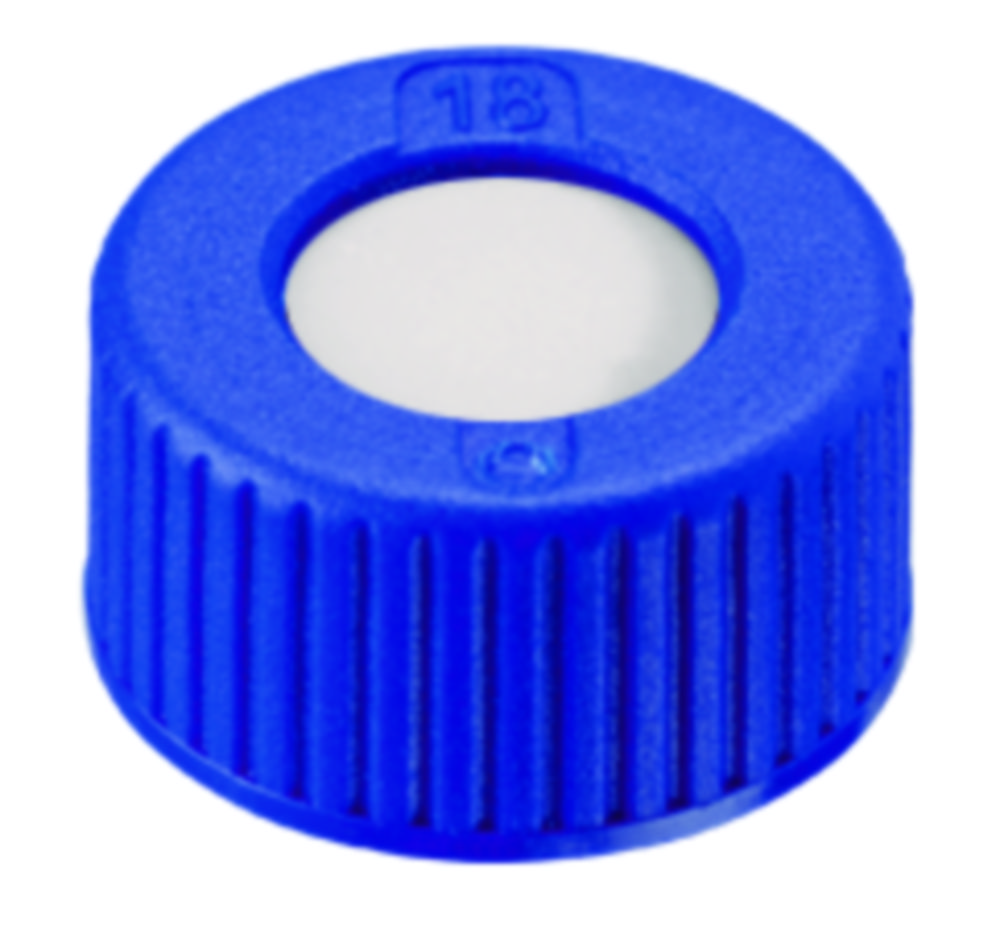 Screw cap, LLG, N 9 short thread, blue PP w. hole, silicone/PTFE 55 A