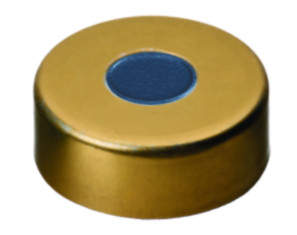 Crimp seals, LLG, N 20, magnetic steel w. hole, gold, butyl/PTFE 50 A, Pharma-Fix