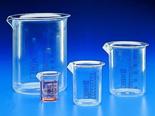 Beaker 100ml, PMP (TPX) blue g raduation, low form