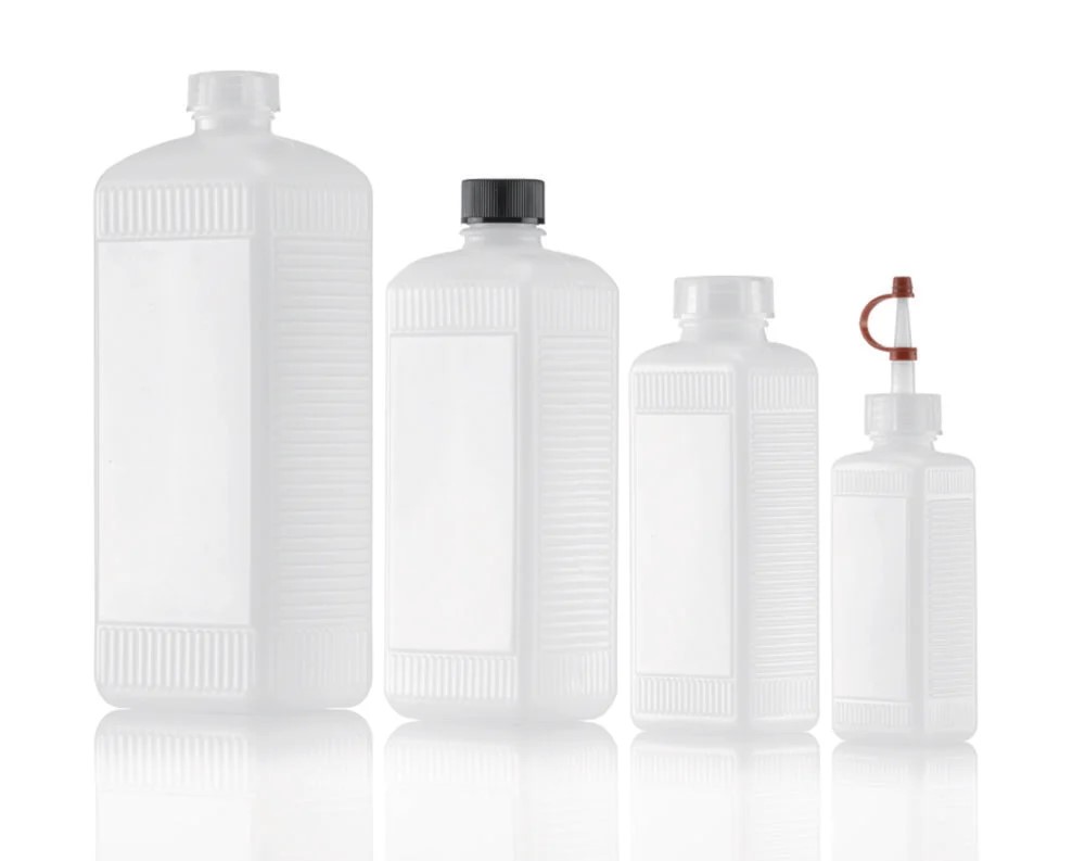Square bottles, HDPE, natural, with LDPE screw ca