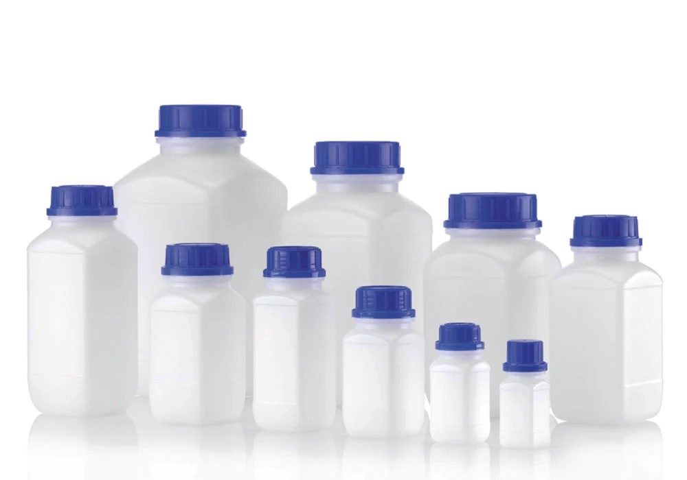 Square shape reagent bottles, HDPE, wide neck, Ca