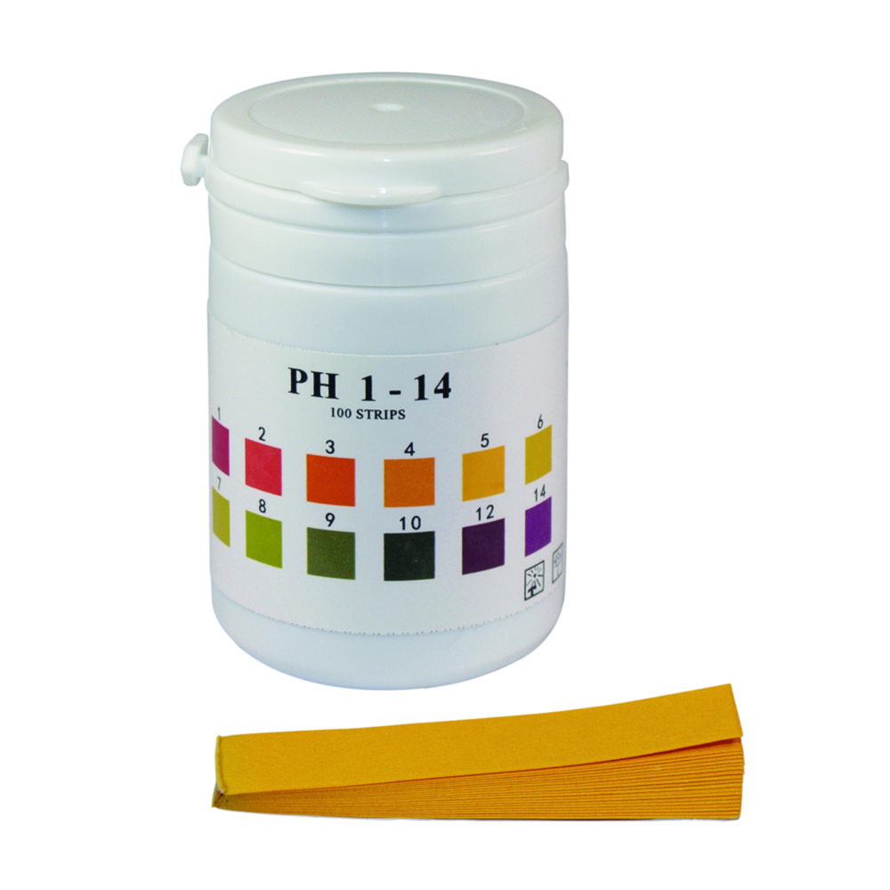 pH indicator paper, LLG Universal, strips, pH 0 - 14, PlopTop, 100 pcs