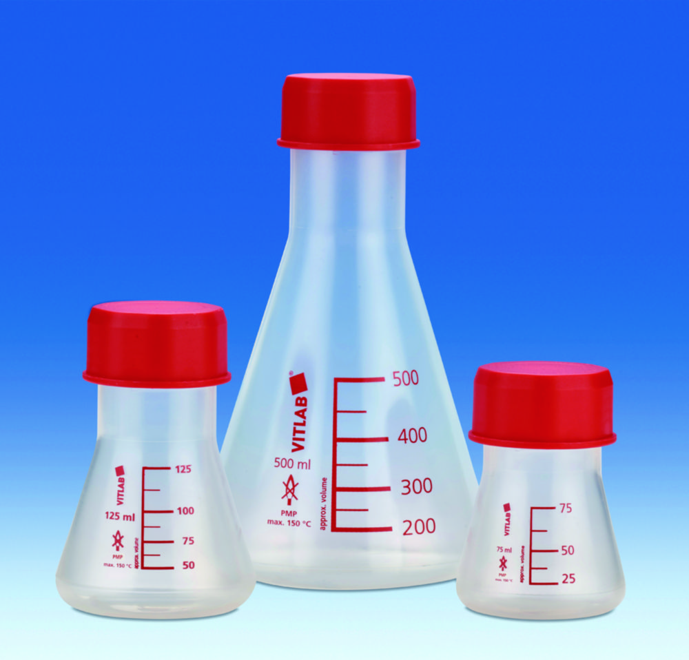 Erlenmeyer flask w. wide screw neck and cap, VITLAB, PP, GL 45, 1000 mL, 6 pcs