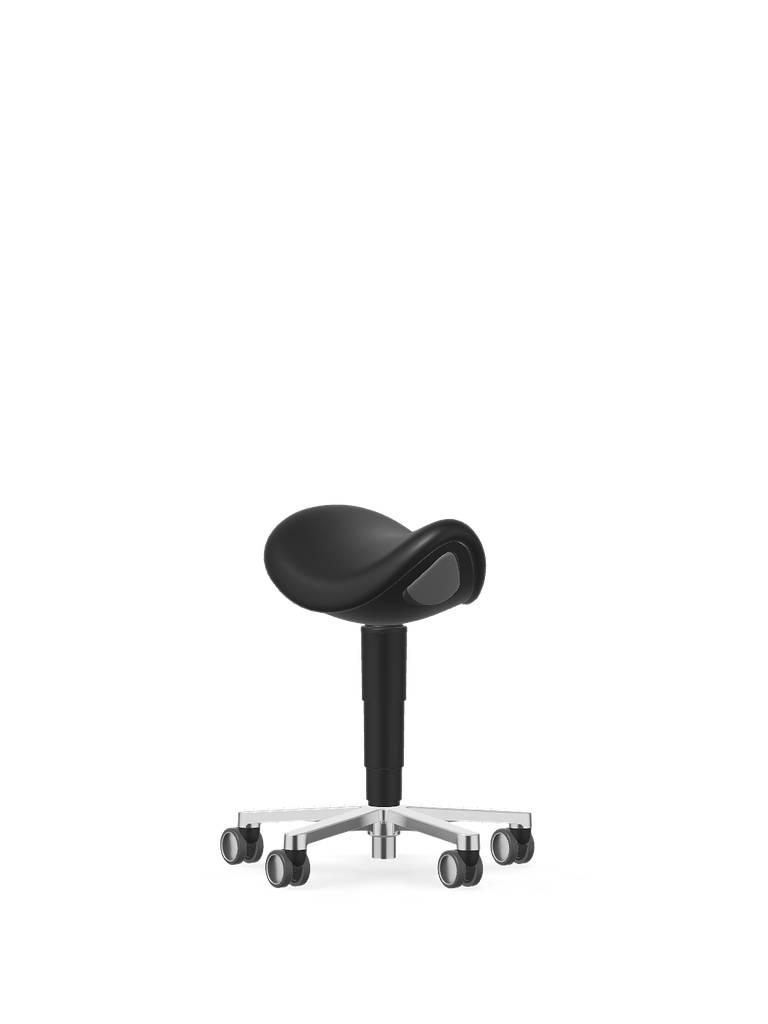 [6521481] Medical saddle stool, Bimos, black imitation leather, alu star /castors
